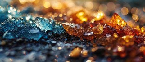 AI generated Close-up of sparkling glass shards, with a striking contrast of warm amber and cool blue tones against a blurred background photo