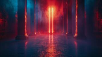 Hallway With Columns Emitting Red Light photo