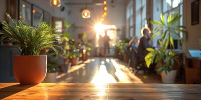 AI generated A photo of a green plant potted in a white container sitting on a desk in an office setting. The plant adds a touch of nature to the work environment