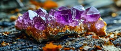 ai generado lustroso crudo amatista cristal racimos anidado entre rocas, mostrando su natural púrpura esplendor foto