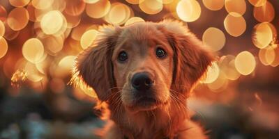 AI generated A gentle golden retriever puppy looks contemplatively into the distance against a dreamy, sunlit bokeh background. photo