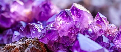 AI generated Detailed macro photography of deep purple amethyst crystal clust photo