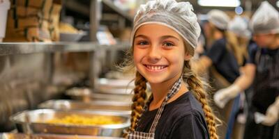 ai generado sonriente joven niña vistiendo un delantal y guantes Ayudar en un comida preparación línea con otro voluntarios en el antecedentes foto