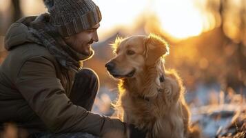 Man Sitting in Water With Dog photo