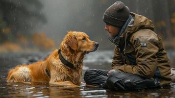 Man Sitting in Water With Dog photo