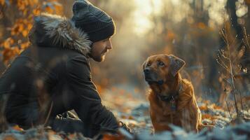 hombre sentado en agua con perro foto