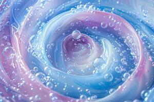 AI generated Photo of a swirling mix of pastel blue and pink colors with a dreamy effect and floating bubbles throughout the composition.