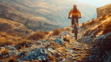 Person Riding Bike on Mountain Trail photo