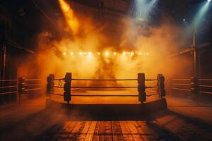 AI generated An empty boxing ring with dramatic spotlight illumination and smoke photo