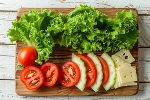 AI generated Wooden cutting board with sliced cheese, fresh green lettuce, and ripe tomato wedges on a white wooden table photo