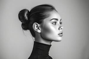 AI generated Woman with a sleek bun hairstyle wearing a black turtleneck, profile view in a black and white artistic portrait photo