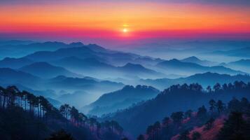 Sun Setting Over Mountain Range photo