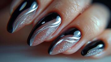 Elegant Black and White Manicure on Womans Hand photo