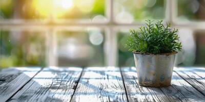 AI generated Weathered white wood table surface with a blurred background highlighting a metal pot with a greenhouse plant by a bright window photo
