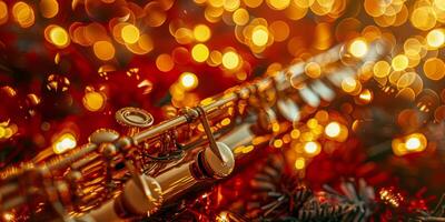 AI generated Thecting a sea of red and golden lights, giving a fe shiny end of a wind instrument reflestive and musical mood photo