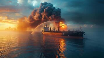 Large Boat Emitting Smoke on Water photo