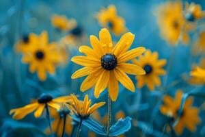 ai generado vibrante amarillo flores silvestres en un prado con un profundo azul crepúsculo ambiente foto