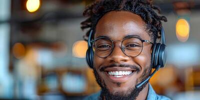 AI generated A man is shown wearing a headset and sitting in front of a computer. He appears focused and engaged, likely involved in customer service photo