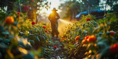 ai generado granjero pulverización orgánico pesticidas en flor jardín. trabajador en protector engranaje meticulosamente tiende a vibrante floraciones a puesta de sol foto
