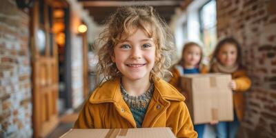 AI generated The photo captures a group of children happily carrying boxes down a hallway. They are working together, displaying teamwork and cooperation as they transport the items
