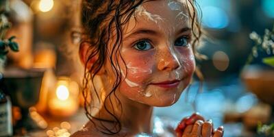 AI generated Little girls playful skincare routine. Child joyfully applies cream to her face in a sunlit bathroom photo