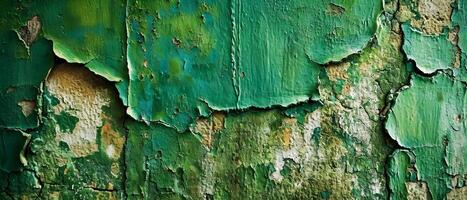 AI generated Close-up image of cracked and peeling green paint revealing the textured concrete surface beneath photo