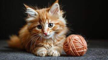 Small Kitten Sitting Next to a Ball of Yarn photo