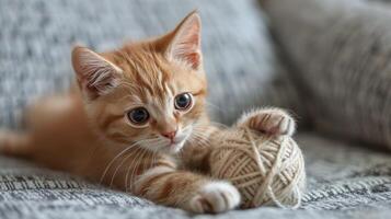 Small Kitten Sitting Next to a Ball of Yarn photo