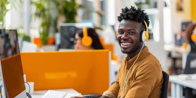 AI generated A man is shown wearing a headset and sitting in front of a computer. He appears focused and engaged, likely involved in customer service photo