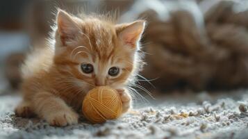 Small Kitten Sitting Next to a Ball of Yarn photo