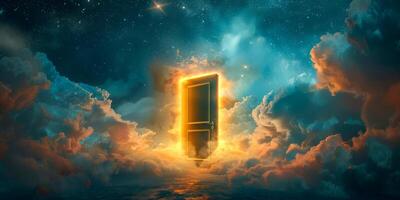 AI generated This image captures a surreal scene of a doorway floating amidst fluffy clouds in the sky, creating a mysterious and enchanting sight photo