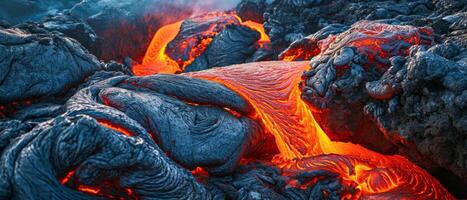 ai generado sumergirse tú mismo en el impresionante espectáculo de de la naturaleza furia como ardiente lava fluye desde el lo más hondo de el tierra foto