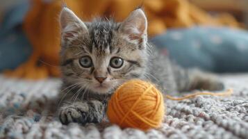 Kitten Playing With Yarn Ball photo