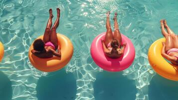 grupo de personas flotante en inflables en un piscina foto