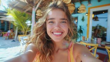 Smiling Woman in Yellow and White Top photo