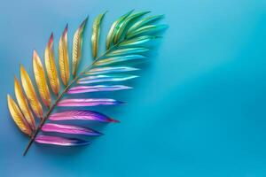 AI generated Tropical palm leaf with vibrant gradient holographic colors on a minimalist pastel background. photo