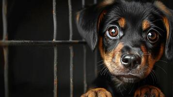 pequeño marrón perro con azul ojos mirando arriba foto