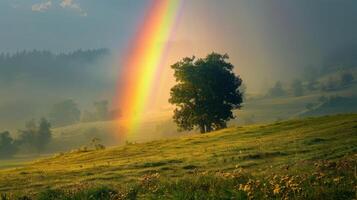 Two Rainbows Over Green Hillside photo