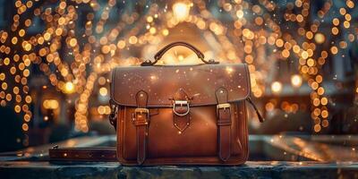 AI generated An elegant leather satchel centered with a warm, magical shimmer against a backdrop of soft, golden bokeh lights photo