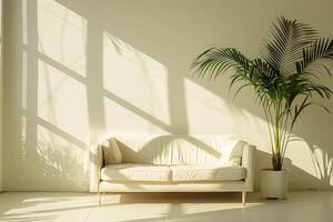 AI generated Minimalistic interior design featuring a white couch with sunlight casting serene shadows, accompanied by a lush potted palm photo