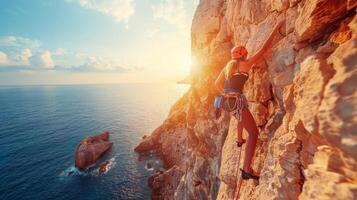 mujer alpinismo arriba el lado de un acantilado foto
