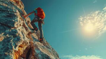 Woman Climbing Up the Side of a Cliff photo