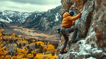 hombre alpinismo arriba el lado de un montaña foto