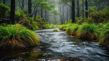 Stream Flowing Through Lush Green Forest photo