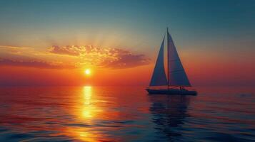 Sailboat Sailing in Ocean at Sunset photo