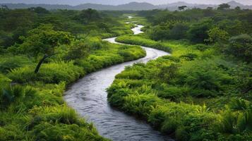 Stream Flowing Through Lush Green Forest photo