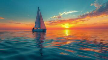 Sailboat Sailing in Ocean at Sunset photo