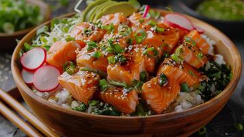 un cuenco de salmón y arroz con palillos foto