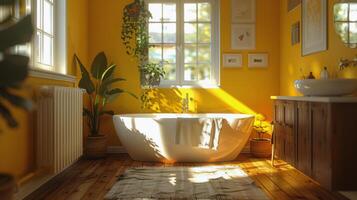 Bathroom With Yellow Walls and Wooden Floors photo