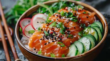 A Bowl of Salmon and Rice With Chopsticks photo